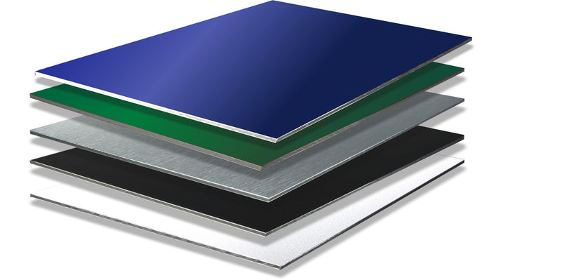 5 flat sheets of composite aluminium in various colours.