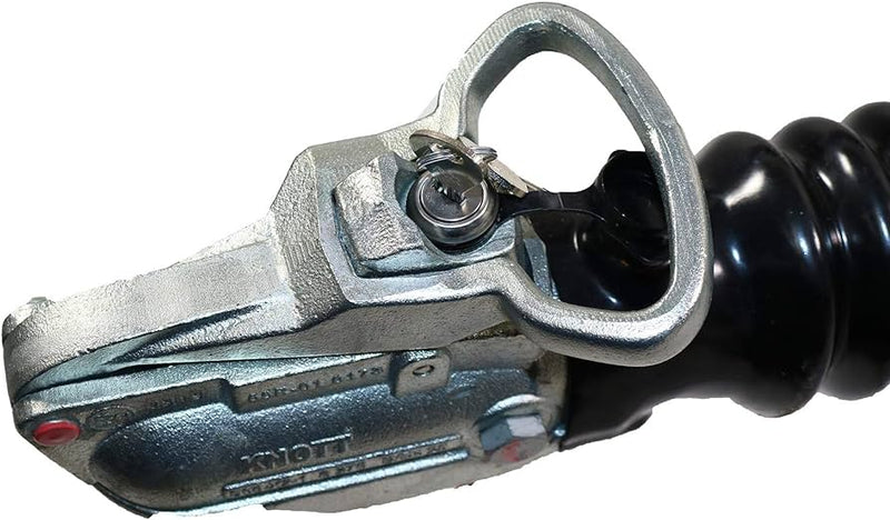 Close-up of a trailer hitch/ coupling with a black corrugated handle, shown on a plain white background.