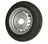 A black tire mounted on a silver steel rim, photographed against a plain white background.