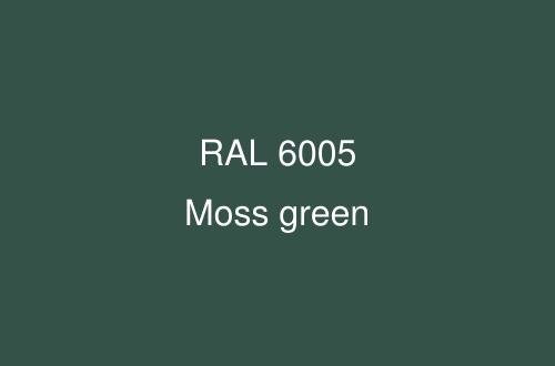 A solid dark moss green background with white text reading 'RAL 6005 Moss green' centered on the image.