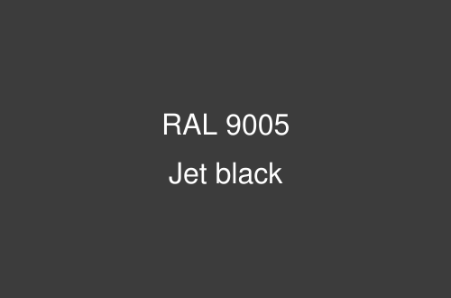 A dark gray square with centered white text reading 'RAL 9005 Jet black', indicating a color swatch for a product finish.